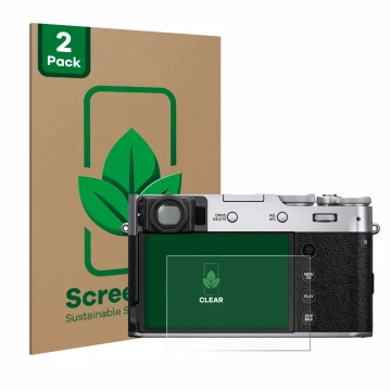 Front side of a product packaging with the brand logo ScreenLeaf. Next to it is the device Fujifilm X100V shown with the corre