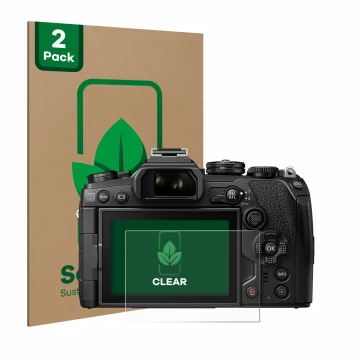 Front side of a product packaging with the brand logo ScreenLeaf. Next to it is the device Olympus OM-D E-M1 Mark III shown wi