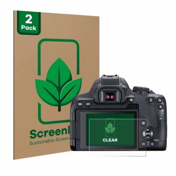 Front side of a product packaging with the brand logo ScreenLeaf. Next to it is the device Canon EOS 850D shown with the corre