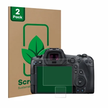 Front side of a product packaging with the brand logo ScreenLeaf. Next to it is the device Canon EOS R5 shown with the corresp