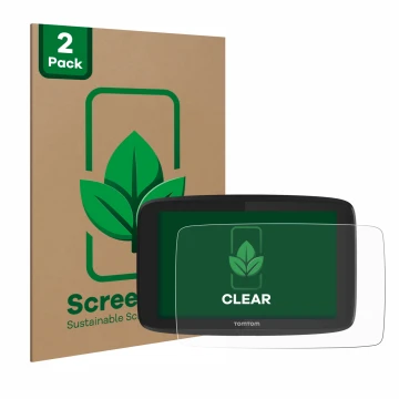 Front side of a product packaging with the brand logo ScreenLeaf. Next to it is the device TomTom Go Professional 620 shown wi