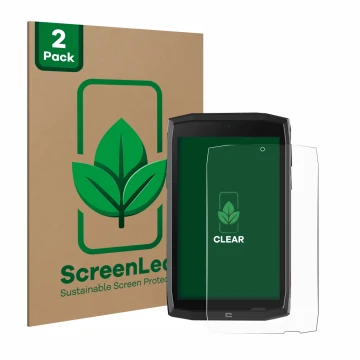 Front side of a product packaging with the brand logo ScreenLeaf. Next to it is the device Crosscall Core T4 shown with the co