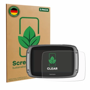 Front side of a product packaging with the brand logo ScreenLeaf. Next to it is the device TomTom Rider 50 shown with the corr