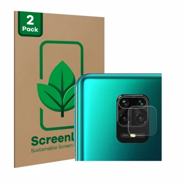 Front side of a product packaging with the brand logo ScreenLeaf. Next to it is the device Xiaomi Redmi Note 9S (ONLY Camera L