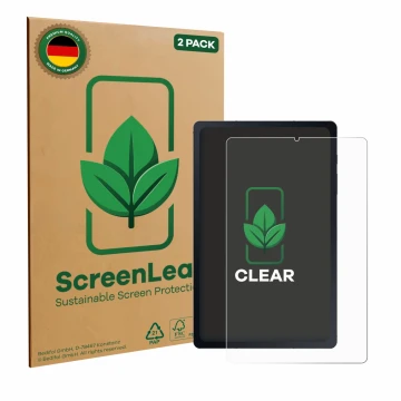 Front side of a product packaging with the brand logo ScreenLeaf. Next to it is the device Samsung Galaxy Tab S6 Lite 2020 sho
