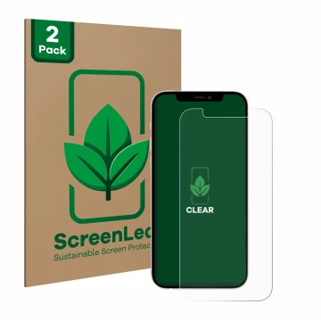 Front side of a product packaging with the brand logo ScreenLeaf. Next to it is the device Apple iPhone 12 shown with the corr