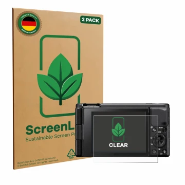 Front side of a product packaging with the brand logo ScreenLeaf. Next to it is the device Sony ZV-1 shown with the correspond