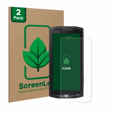 Front side of a product packaging with the brand logo ScreenLeaf. Next to it is the device Crosscall Core X4 shown with the co