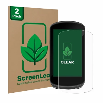Front side of a product packaging with the brand logo ScreenLeaf. Next to it is the device Garmin Edge 1030 Plus shown with th