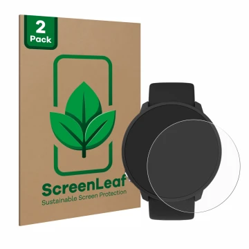 Front side of a product packaging with the brand logo ScreenLeaf. Next to it is the device Polar Unite shown with the correspo
