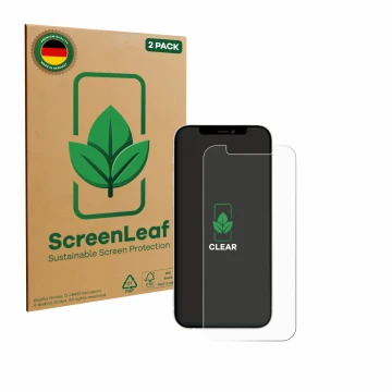 Front side of a product packaging with the brand logo ScreenLeaf. Next to it is the device Apple iPhone 12 Pro shown with the 