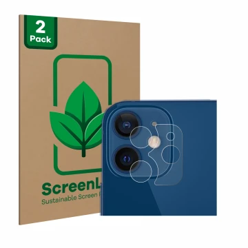 Front side of a product packaging with the brand logo ScreenLeaf. Next to it is the device Apple iPhone 12 (ONLY Camera Lens) 