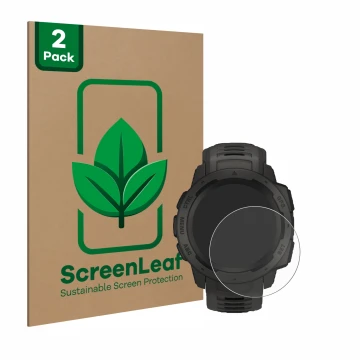 Front side of a product packaging with the brand logo ScreenLeaf. Next to it is the device Garmin Instinct Solar shown with th