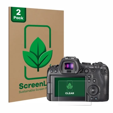 Front side of a product packaging with the brand logo ScreenLeaf. Next to it is the device Canon EOS R6 shown with the corresp