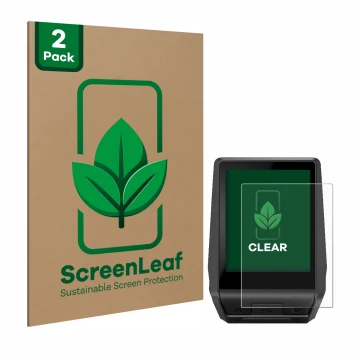 Front side of a product packaging with the brand logo ScreenLeaf. Next to it is the device Bosch Nyon 2020 shown with the corr