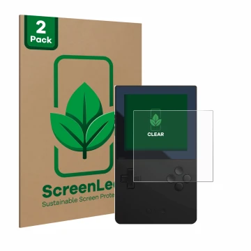 Front side of a product packaging with the brand logo ScreenLeaf. Next to it is the device Analogue Pocket shown with the corr