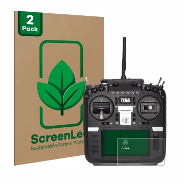 Front side of a product packaging with the brand logo ScreenLeaf. Next to it is the device Radiomaster TX16S shown with the co