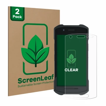 Front side of a product packaging with the brand logo ScreenLeaf. Next to it is the device Zebra TC21 shown with the correspon