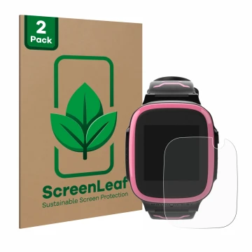 Front side of a product packaging with the brand logo ScreenLeaf. Next to it is the device Xplora X5 Play shown with the corre