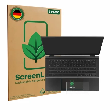 Front side of a product packaging with the brand logo ScreenLeaf. Next to it is the device ASUS ZenBook Flip 14 UX463FA (Touch