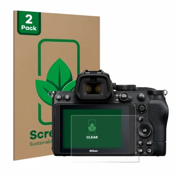 Front side of a product packaging with the brand logo ScreenLeaf. Next to it is the device Nikon Z 5 shown with the correspond