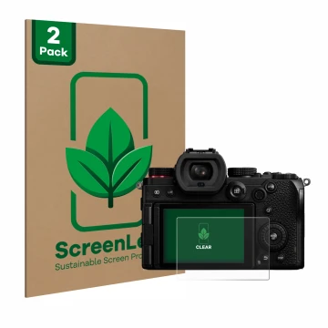 Front side of a product packaging with the brand logo ScreenLeaf. Next to it is the device Panasonic Lumix DC-S5 shown with th