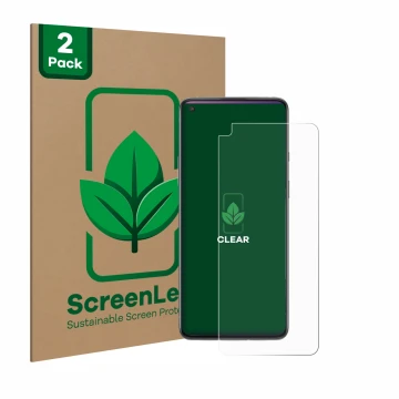 Front side of a product packaging with the brand logo ScreenLeaf. Next to it is the device OnePlus 8T shown with the correspon