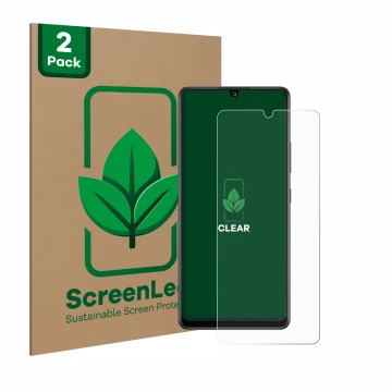 Front side of a product packaging with the brand logo ScreenLeaf. Next to it is the device Samsung Galaxy A42 5G shown with th