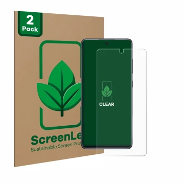 Front side of a product packaging with the brand logo ScreenLeaf. Next to it is the device Samsung Galaxy S20 FE shown with th