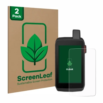 Front side of a product packaging with the brand logo ScreenLeaf. Next to it is the device Garmin Montana 700 shown with the c