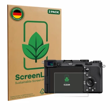 Front side of a product packaging with the brand logo ScreenLeaf. Next to it is the device Sony A7C shown with the correspondi