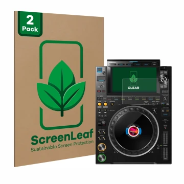 Front side of a product packaging with the brand logo ScreenLeaf. Next to it is the device Pioneer CDJ 3000 shown with the cor