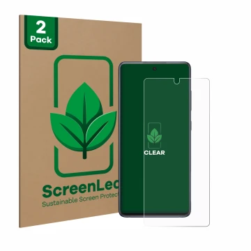 Front side of a product packaging with the brand logo ScreenLeaf. Next to it is the device Samsung Galaxy S20 FE 5G shown with