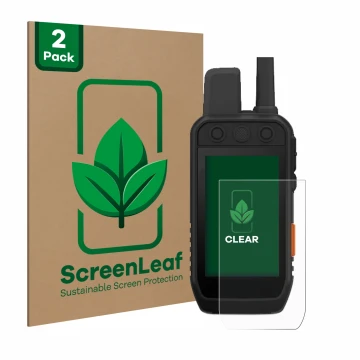 Front side of a product packaging with the brand logo ScreenLeaf. Next to it is the device Garmin Alpha 200 K shown with the c