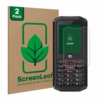 Front side of a product packaging with the brand logo ScreenLeaf. Next to it is the device Crosscall Spider X5 shown with the 