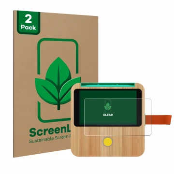 Front side of a product packaging with the brand logo ScreenLeaf. Next to it is the device tigerbox Touch shown with the corre