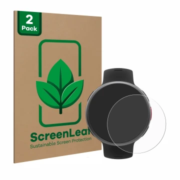Front side of a product packaging with the brand logo ScreenLeaf. Next to it is the device Polar Vantage V2 shown with the cor