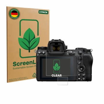 Front side of a product packaging with the brand logo ScreenLeaf. Next to it is the device Nikon Z 6 II shown with the corresp