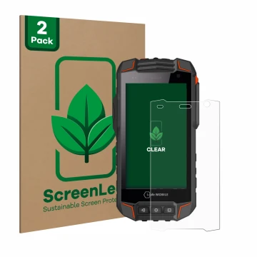 Front side of a product packaging with the brand logo ScreenLeaf. Next to it is the device i.safe MOBILE IS530.1 shown with th