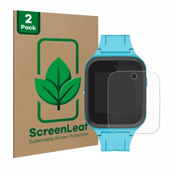 Front side of a product packaging with the brand logo ScreenLeaf. Next to it is the device TCL Movetime FamilyWatch Kids MT40X