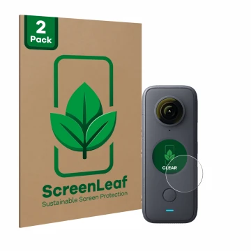 Front side of a product packaging with the brand logo ScreenLeaf. Next to it is the device Insta360 One X2 shown with the corr