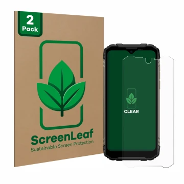 Front side of a product packaging with the brand logo ScreenLeaf. Next to it is the device Doogee S96 Pro shown with the corre