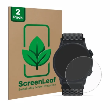 Front side of a product packaging with the brand logo ScreenLeaf. Next to it is the device Coros Pace 2 shown with the corresp