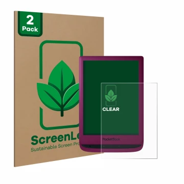 Front side of a product packaging with the brand logo ScreenLeaf. Next to it is the device PocketBook Touch Lux 5 shown with t