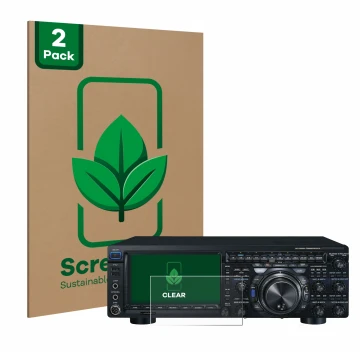 Front side of a product packaging with the brand logo ScreenLeaf. Next to it is the device Yaesu FT-DX101D shown with the corr