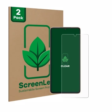 Front side of a product packaging with the brand logo ScreenLeaf. Next to it is the device Samsung Galaxy S21 Ultra 5G shown w
