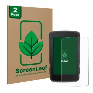 Front side of a product packaging with the brand logo ScreenLeaf. Next to it is the device Hammerhead Karoo 2 shown with the c
