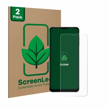 Front side of a product packaging with the brand logo ScreenLeaf. Next to it is the device Samsung Galaxy A12 shown with the c