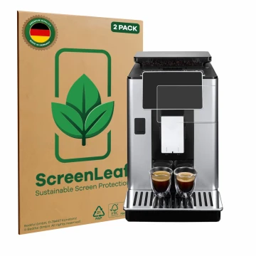 Front side of a product packaging with the brand logo ScreenLeaf. Next to it is the device DeLonghi PrimaDonna Soul ECAM610.75