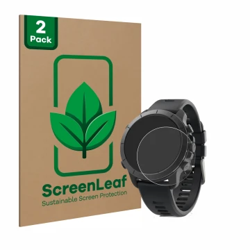 Front side of a product packaging with the brand logo ScreenLeaf. Next to it is the device Wahoo Elemnt Rival shown with the c